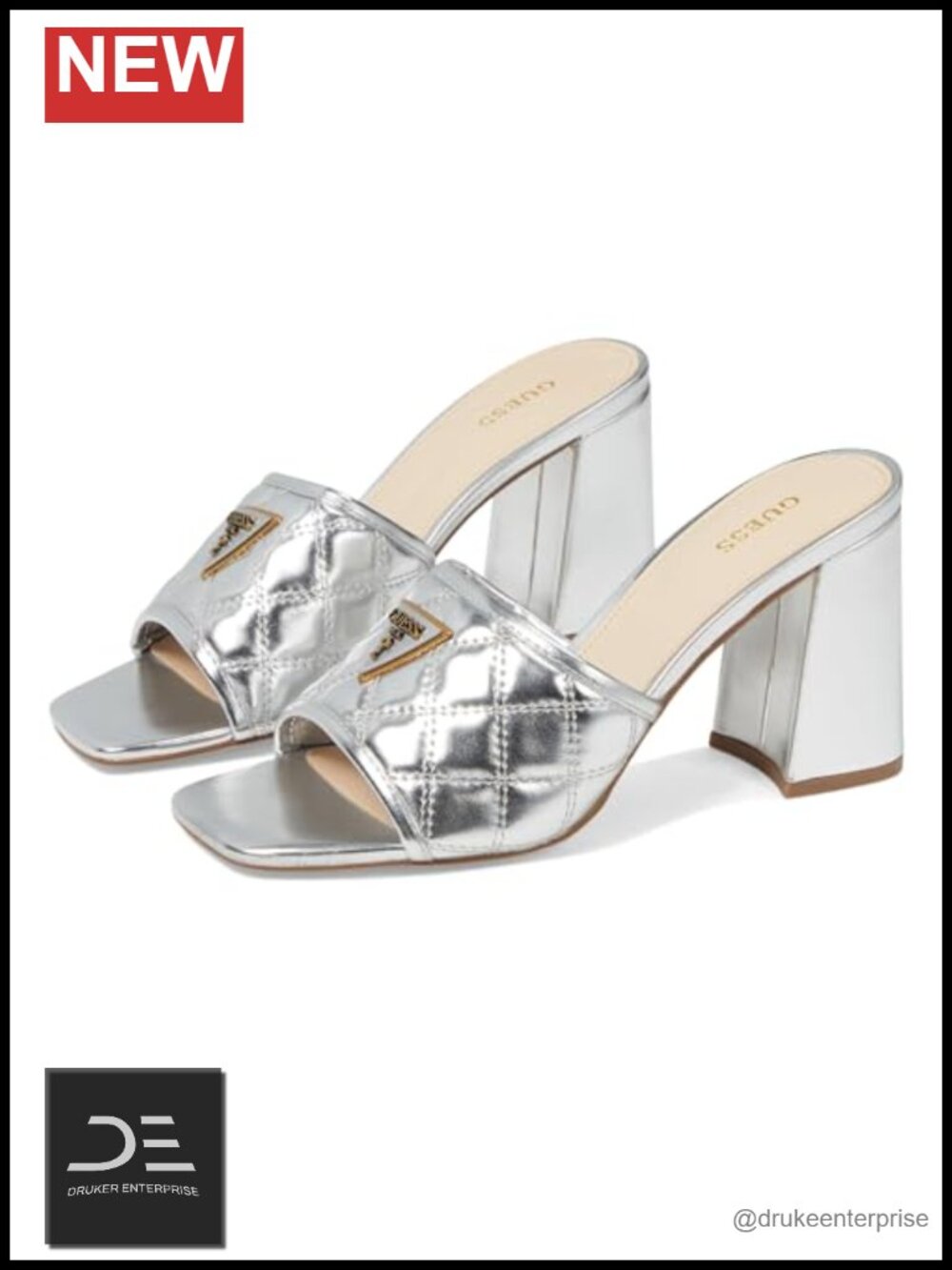 GUESS Gelina Quilted Block Heel Mules, Open Square Toe Slip-On, Slip Resistant